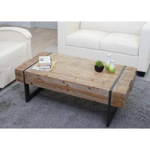 Rechteckiger Couchtisch A15a in Naturfarben mit Metallgestell im Wohnzimmer.