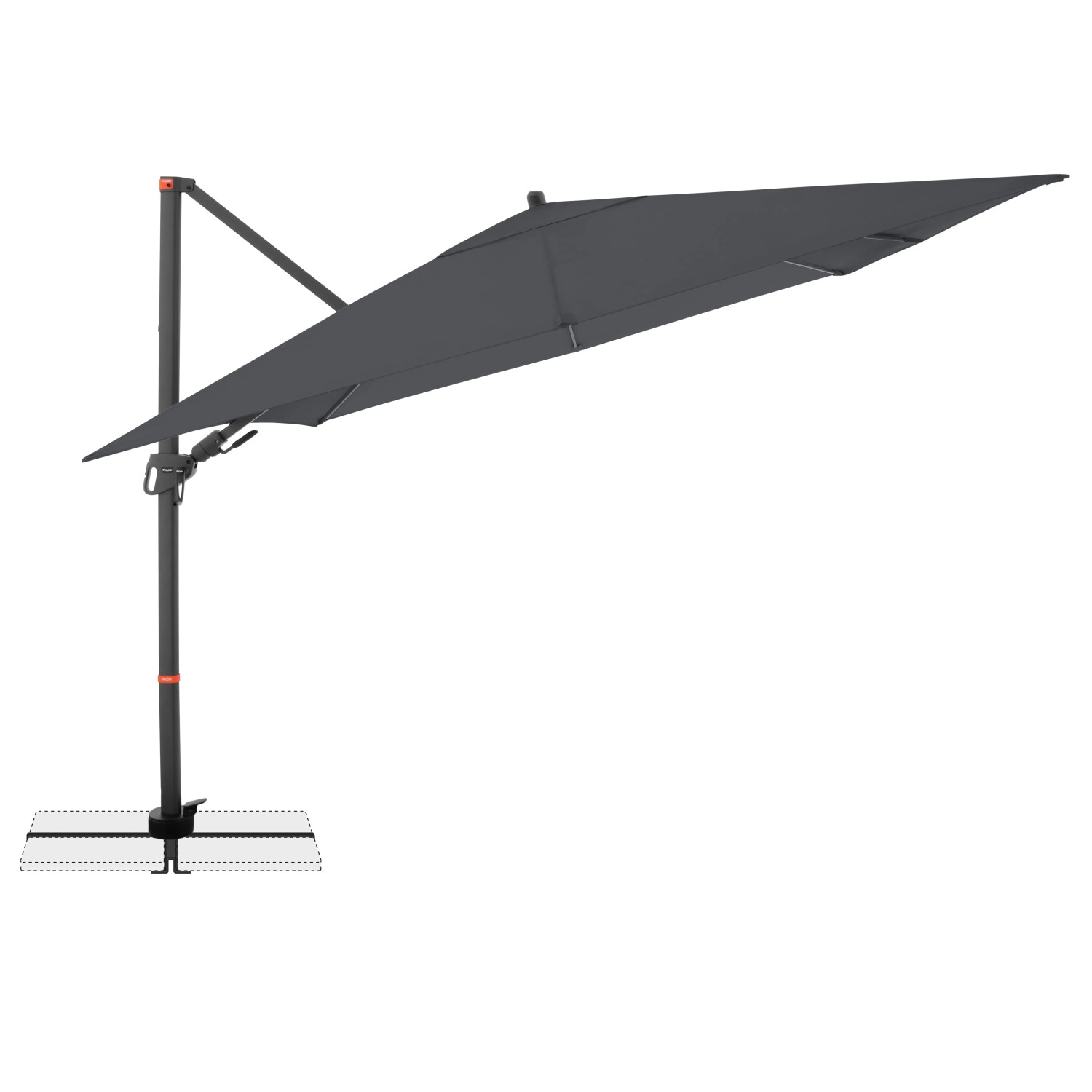 Anthrazitfarbener, quadratischer Doppler Ampelschirm 280x280 cm mit Kurbelmechanik.
