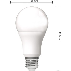 Weiße E27 LED Lampe, 4,9W, 806 Lumen, A60 Birnenform, Maße 6x12cm.