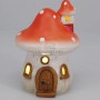 Terrakotta Deko-Pilz mit rotem Hut, weißen Punkten und warmweißer LED-Beleuchtung. Charmante Figur.