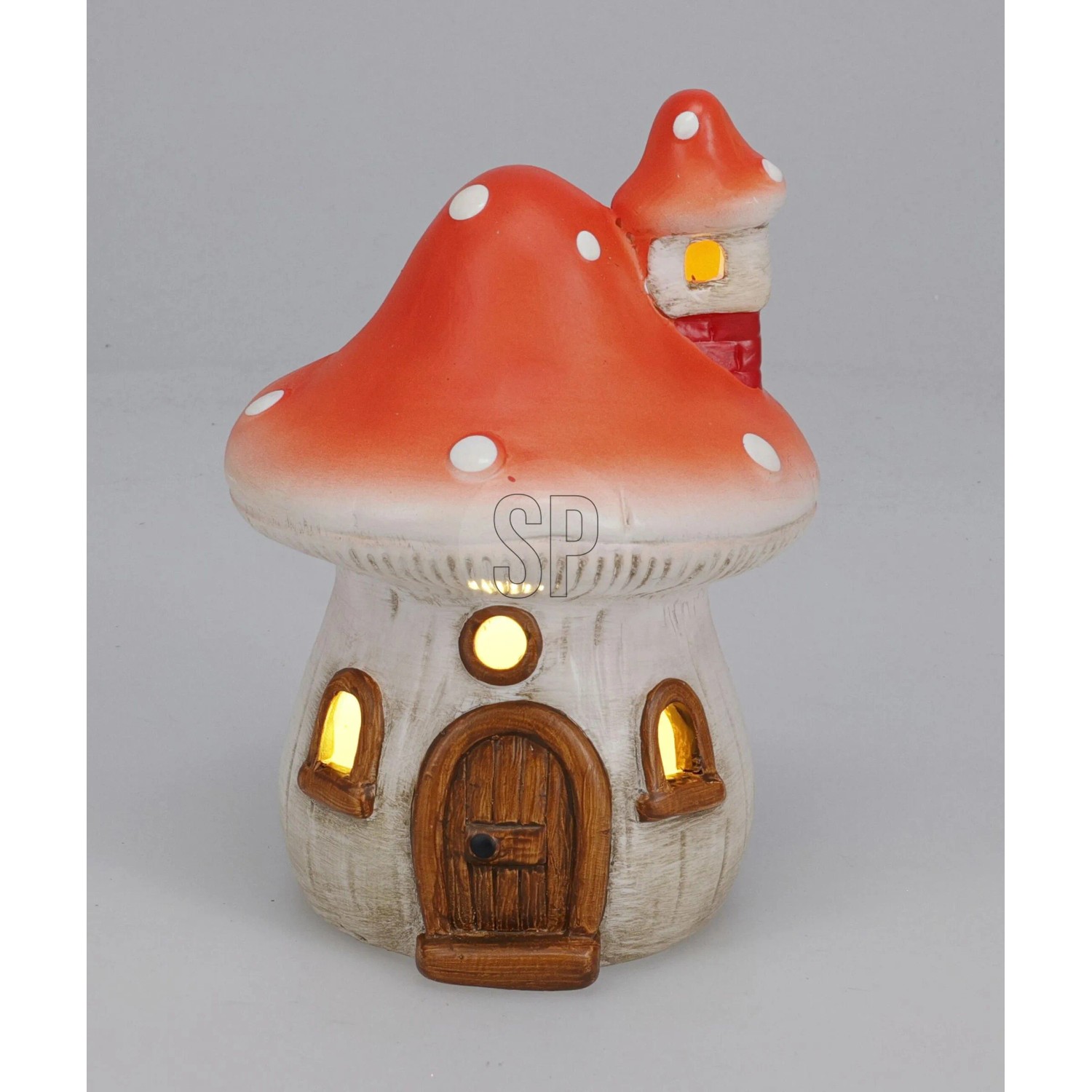 Terrakotta Deko-Pilz mit rotem Hut, weißen Punkten und warmweißer LED-Beleuchtung. Charmante Figur.