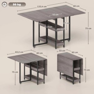Grauer HOMCOM Esstisch, Klapptisch aus Spanplatte & Metall. Ausgeklappt, halb & ganz gefaltet, mit Rollen & Ablagefächern.
