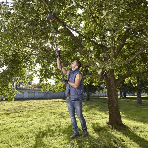Mann schneidet Äste mit Gardena Strauchschneider StarCut 160 plus im Garten.