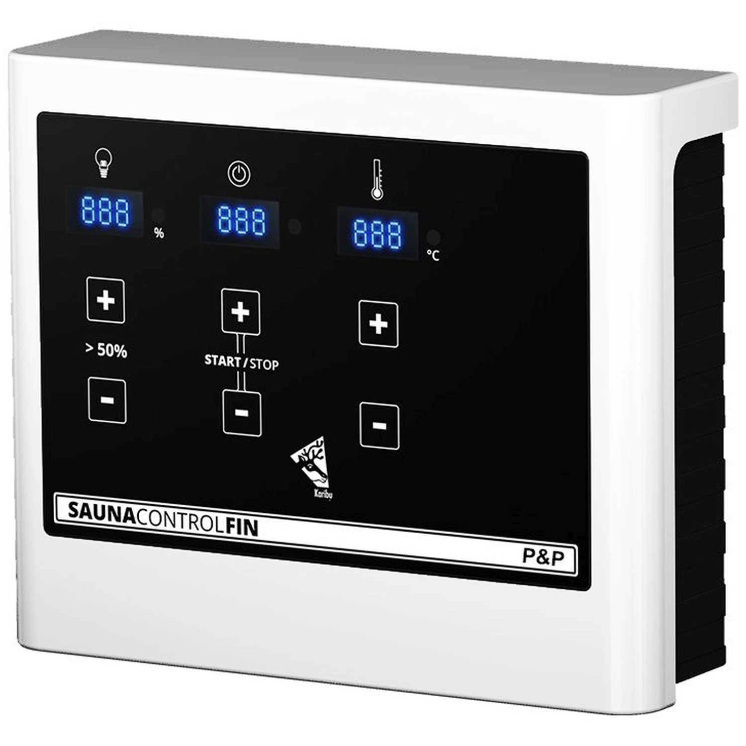 Karibu Sauna Steuergerät mit digitaler Anzeige für Temperatur, Zeit und Luftfeuchtigkeit.