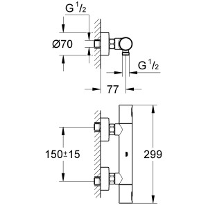 Technische Zeichnung: Grohe QuickFix Thermostat Precision Joy für Brause, Maße und Anschlüsse.