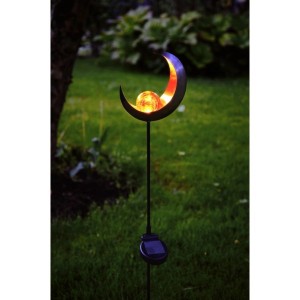 Schwarze Solar-Deko-Leuchte Melilla in Mondform mit leuchtender Kugel für den Garten.