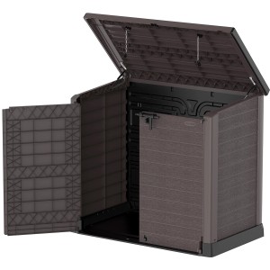 Geöffnete Duramax StoreAway 1200L Universalbox in Braun. Ideal zur Gartenaufbewahrung.
