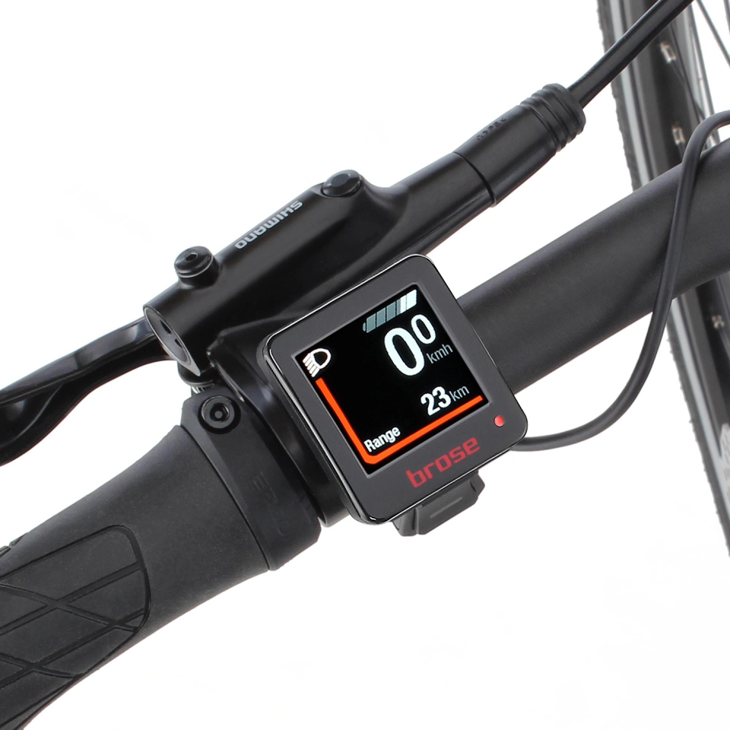 Detailaufnahme des Brose Displays am Fischer E-Bike Viator 6.0i, das Geschwindigkeit und Akkustand anzeigt.