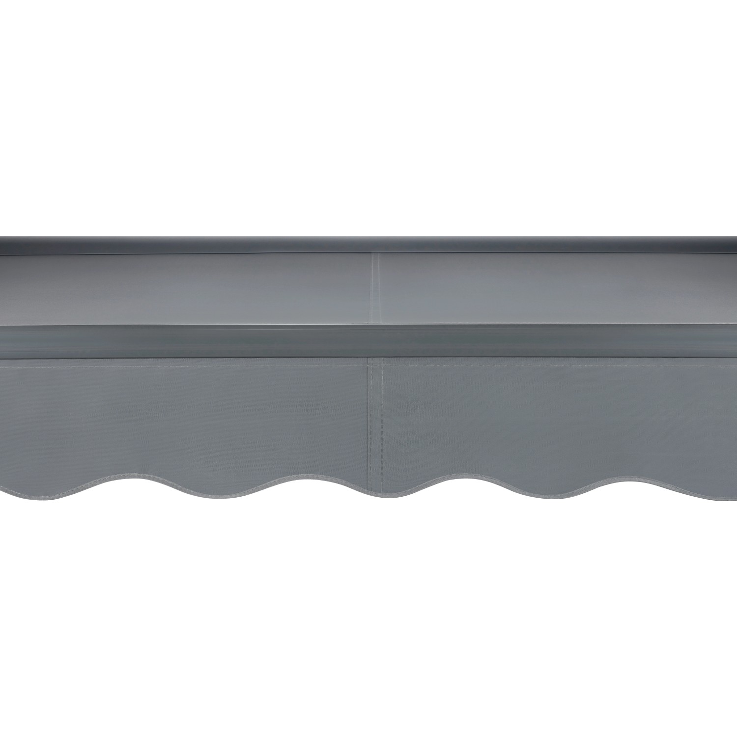 Detailansicht der anthrazitfarbenen Hülsenmarkise Belport mit Motor und gewelltem Volant.