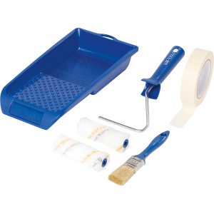 LUX Streichset Grau-Gold, 6-teilig: Farbwanne, 2 Farbrollen, Pinsel und Kreppband für Malerarbeiten.