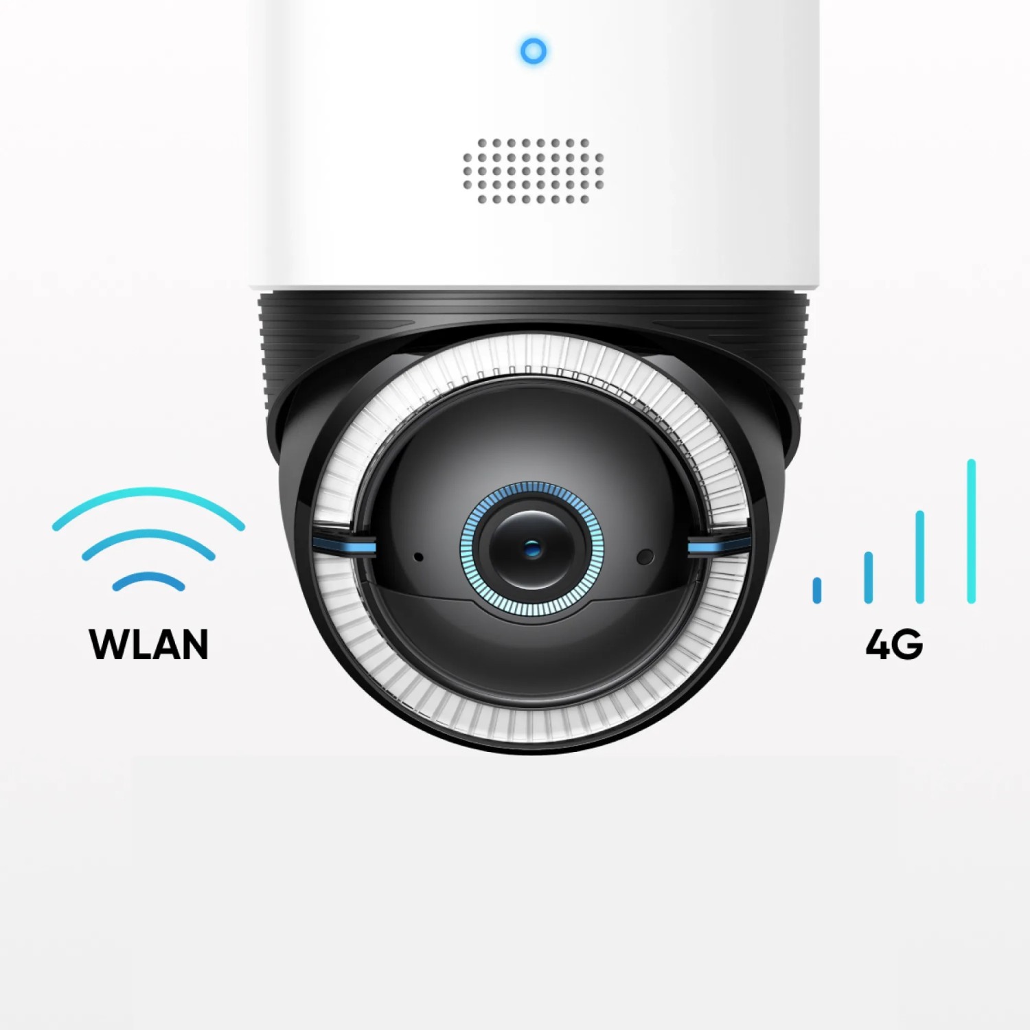 Eufy S330 4G LTE Überwachungskamera mit Solarpanel, 4K Auflösung, WLAN und 4G Symbol.