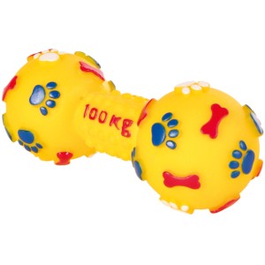 Gelbe Jollypaw Vinyl Hantel, 15 cm, mit bunten Pfoten und Knochen als Kauspielzeug.