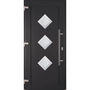 Anthrazitfarbene Haustür mit drei quadratischen Glaseinsätzen und Edelstahlgriff.
