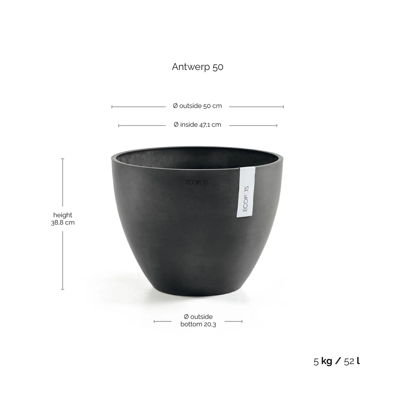 Dunkelgrauer Ecopots Pflanztopf Antwerp, 50 cm, ideal für Innen- und Außenbereich. Zeitloses Design für große Pflanzen.