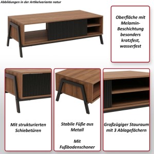 Couchtisch O40 in Natur mit Schiebetür, Staufächern und Metallfüßen, 42x120x60 cm.