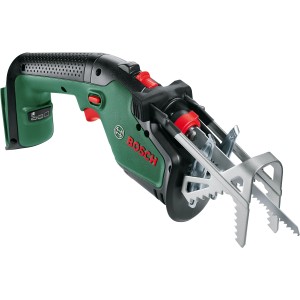 Bosch Akku-Gartensäge Keo 18 Solo, Hochentaster mit Haltebügel für Äste bis 80mm Durchmesser.