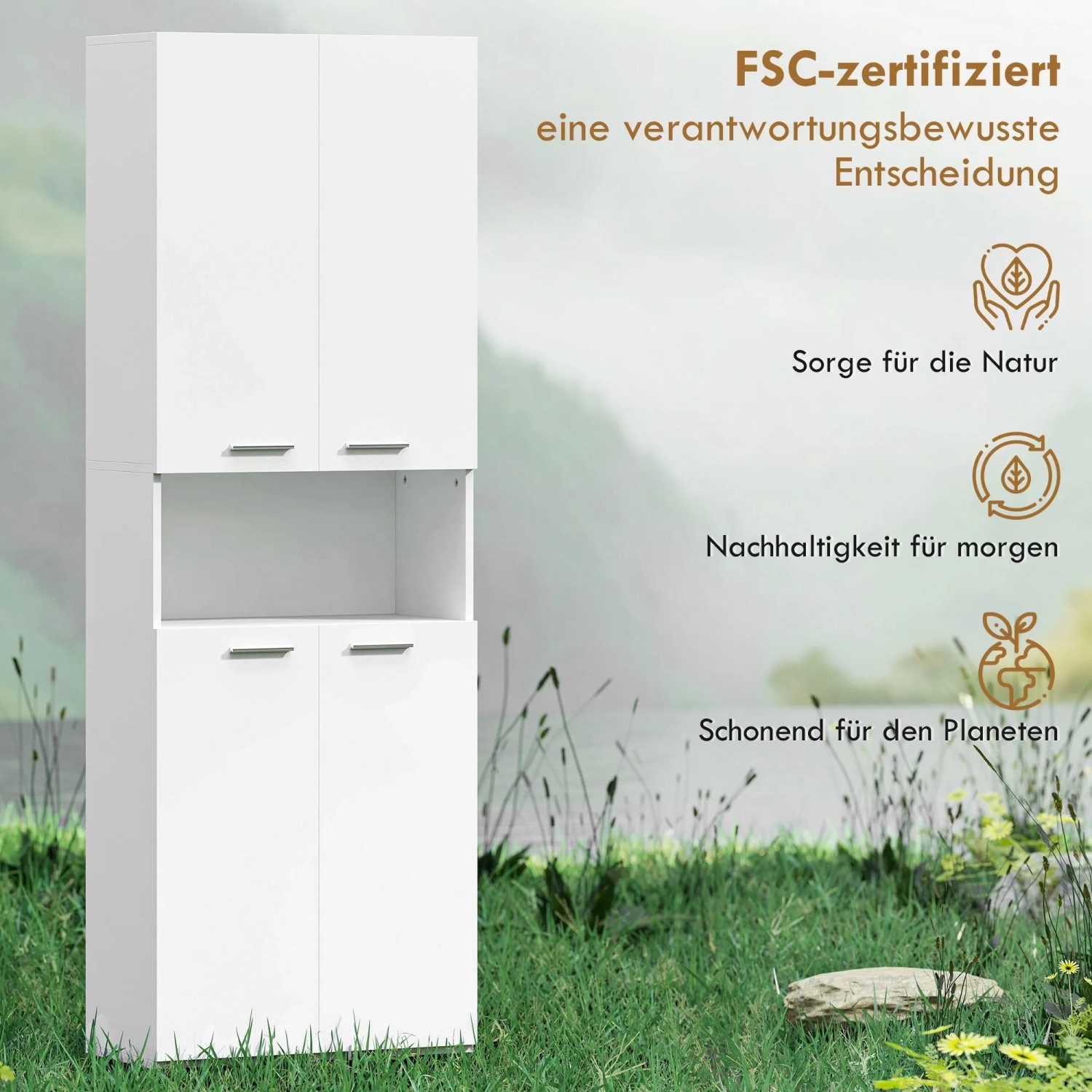 Moderner weißer HOMCOM Hochschrank für Bad mit Türen, offenem Regal und kippbarem Wäschekorb.