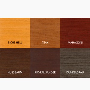 Farbmuster für Bondex Wetterschutz-Lasur: Eiche hell, Teak, Mahagoni, Nussbaum, Rio-Palisander, Dunkelgrau.