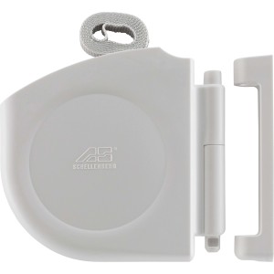 Schellenberg Design-Gurtwickler Mini, weiß, mit grauem Rollladengurt. Kompakter Rollladenantrieb.