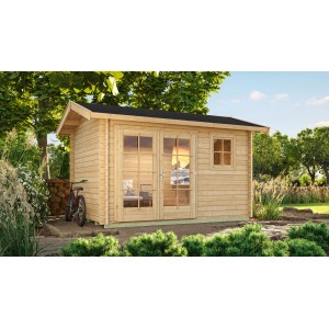 Unbehandeltes Weka Holz-Gartenhaus mit Satteldach, 410x380 cm, im Garten.