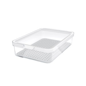 Rotho Kühlschrankorganizer Cauma 2,6 l, transparenter Behälter mit Deckel und Abtropfeinsatz für Kühlschrankorganisation.