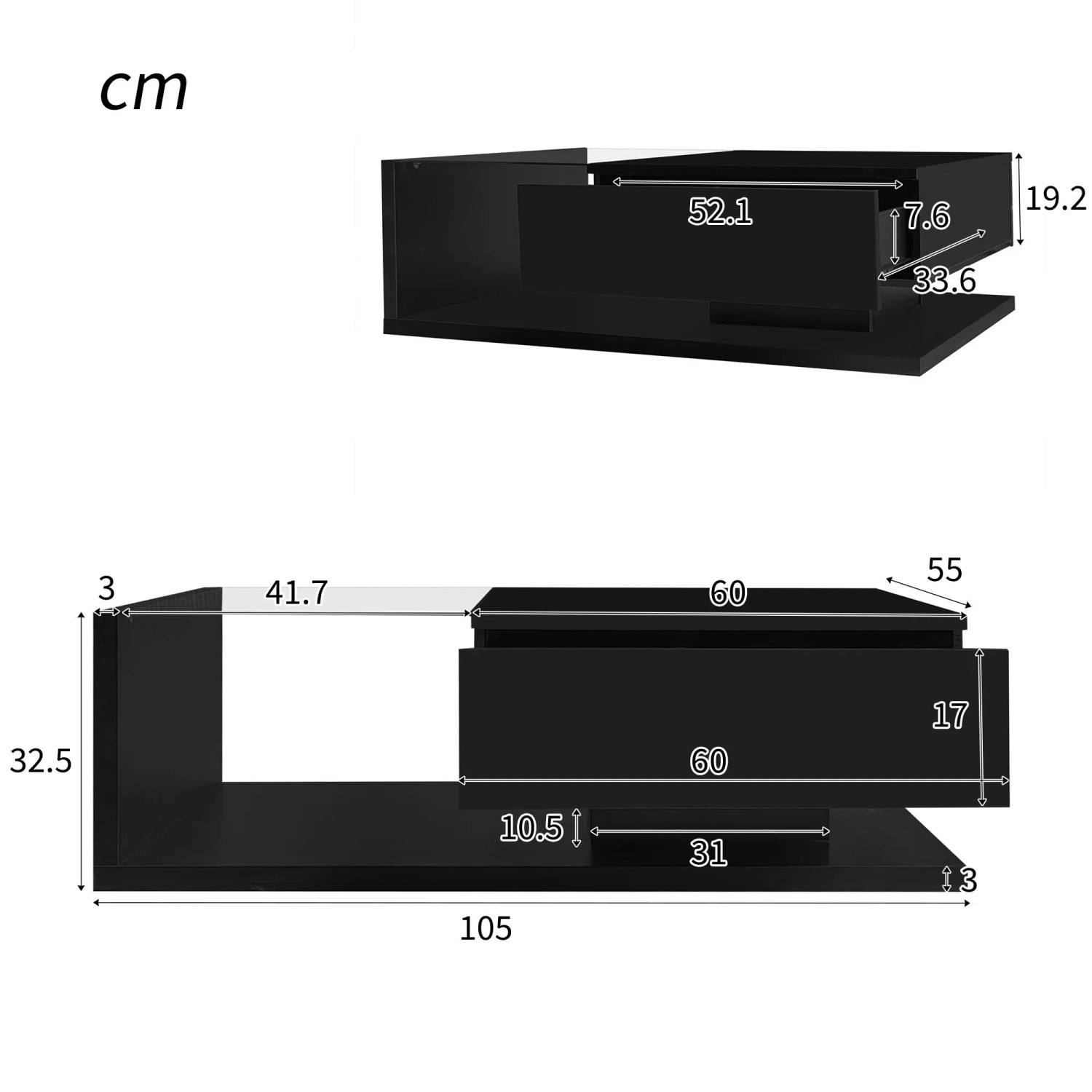 Technisches Maßbild des schwarzen okwish Couchtisches 105x55x32,5 cm mit Ablagefach.