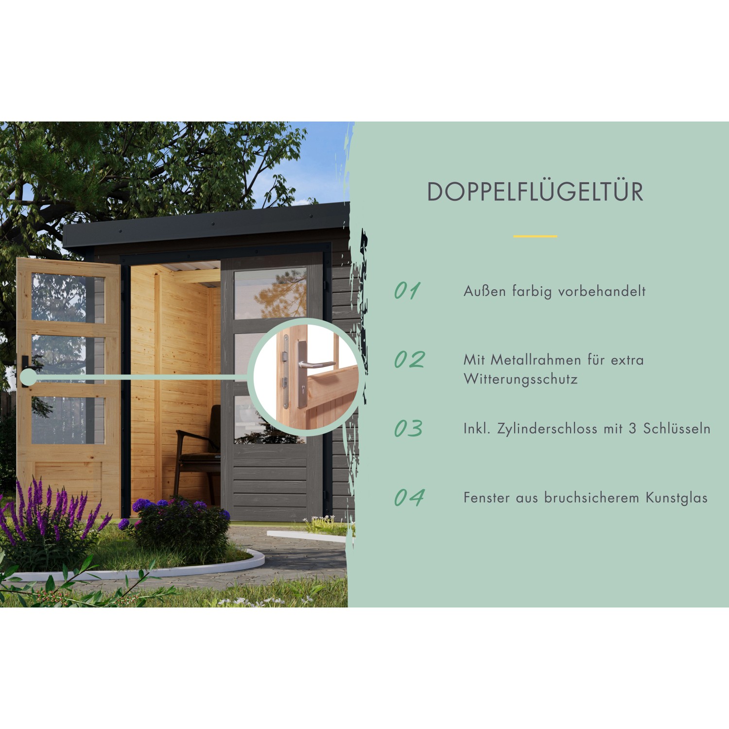 Karibu Gartenhaus Diego B Terragrau mit Doppelflügeltür und Fenstern aus bruchsicherem Glas.