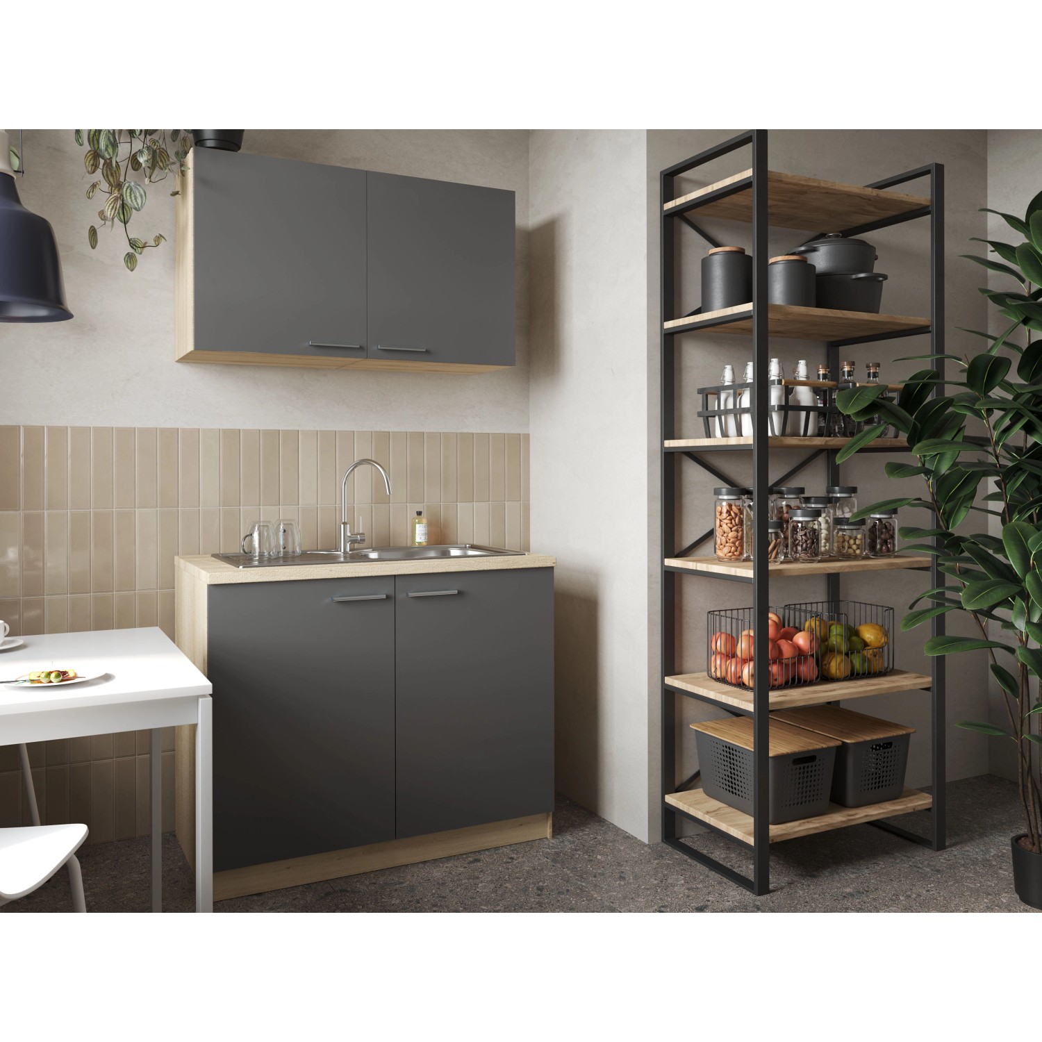 Respekta Küchenmöbel-Set Merle 100 cm Grau mit Spüle und Oberschränken.