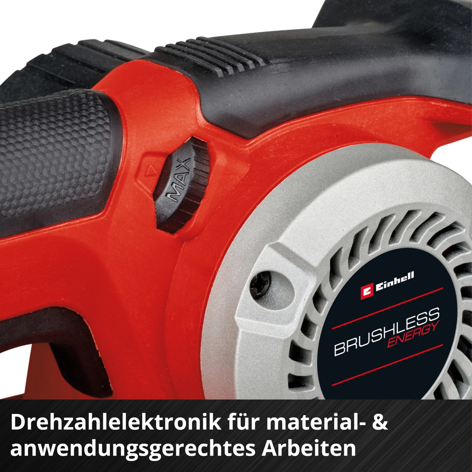 Detailaufnahme: Einhell Akku-Bandschleifer TP-BS 18/457 Li BL mit Drehzahlregler.