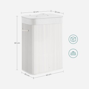 Weißer Songmics Wäschekorb mit Deckel, 30x40x60 cm, aus Bambus und Stoff.