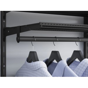 Schwarze Metall-Hängeschiene (65 cm) mit Kleiderstange und Regalboden im Regalsystem.
