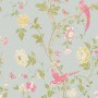 Laura Ashley Vliestapete Summer Palace Duck Egg mit floralem Chinoiserie-Muster, Vögel und Blumen.