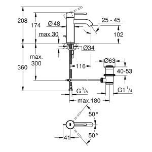 Technische Zeichnung Grohe Essence Waschtischarmatur S-Size Cool Sunrise mit Maßangaben.