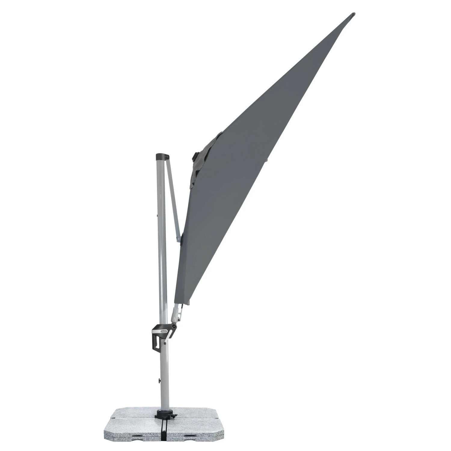 Anthrazitfarbener Doppler Ampelschirm Active II 260x350 cm mit Kurbel und grauem Schirmfuß.