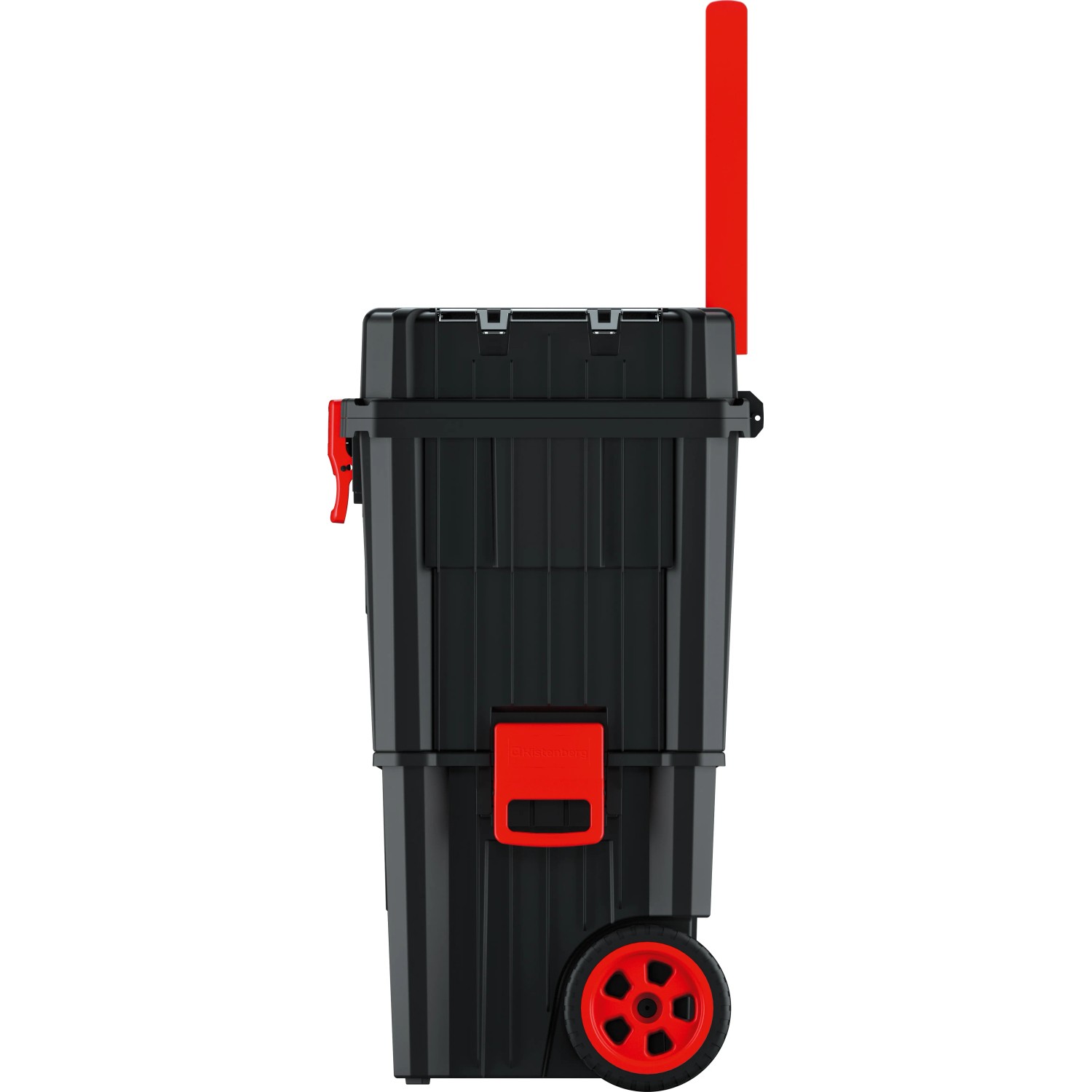 Kistenberg HEAVY Werkzeugtrolley 2 in 1, schwarzer Werkzeugkoffer mit roten Akzenten und Rädern.