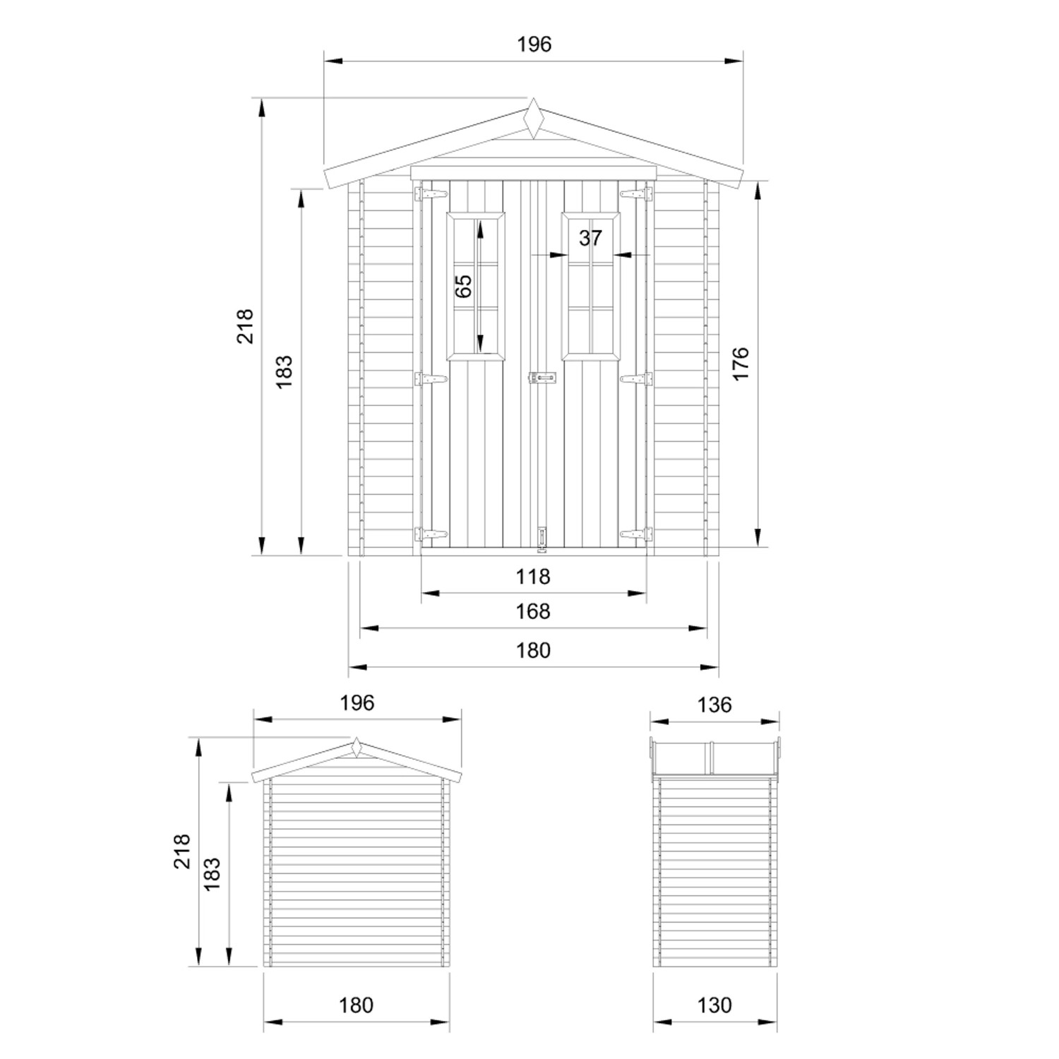 Technische Zeichnung: Timbela Holz-Gartenhaus M367C, Maße und Ansichten des Gartenhauses.