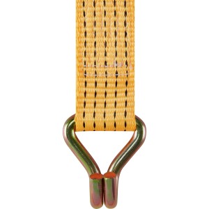 Gelber Zurrgurt mit Ratsche und Haken aus Stahl, geeignet zur Ladungssicherung.