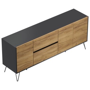 Posseik Sideboard Industrial I, 180 cm, Grafit/Eiche, mit 2 Schubladen und 3 Türen.