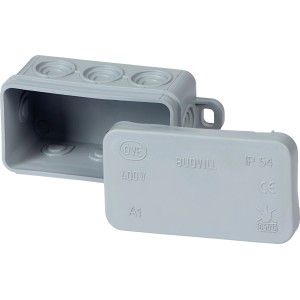Grauer Aufputz Abzweigkasten 75x45mm, IP54, mit offenem Deckel und Anschlussmöglichkeiten.