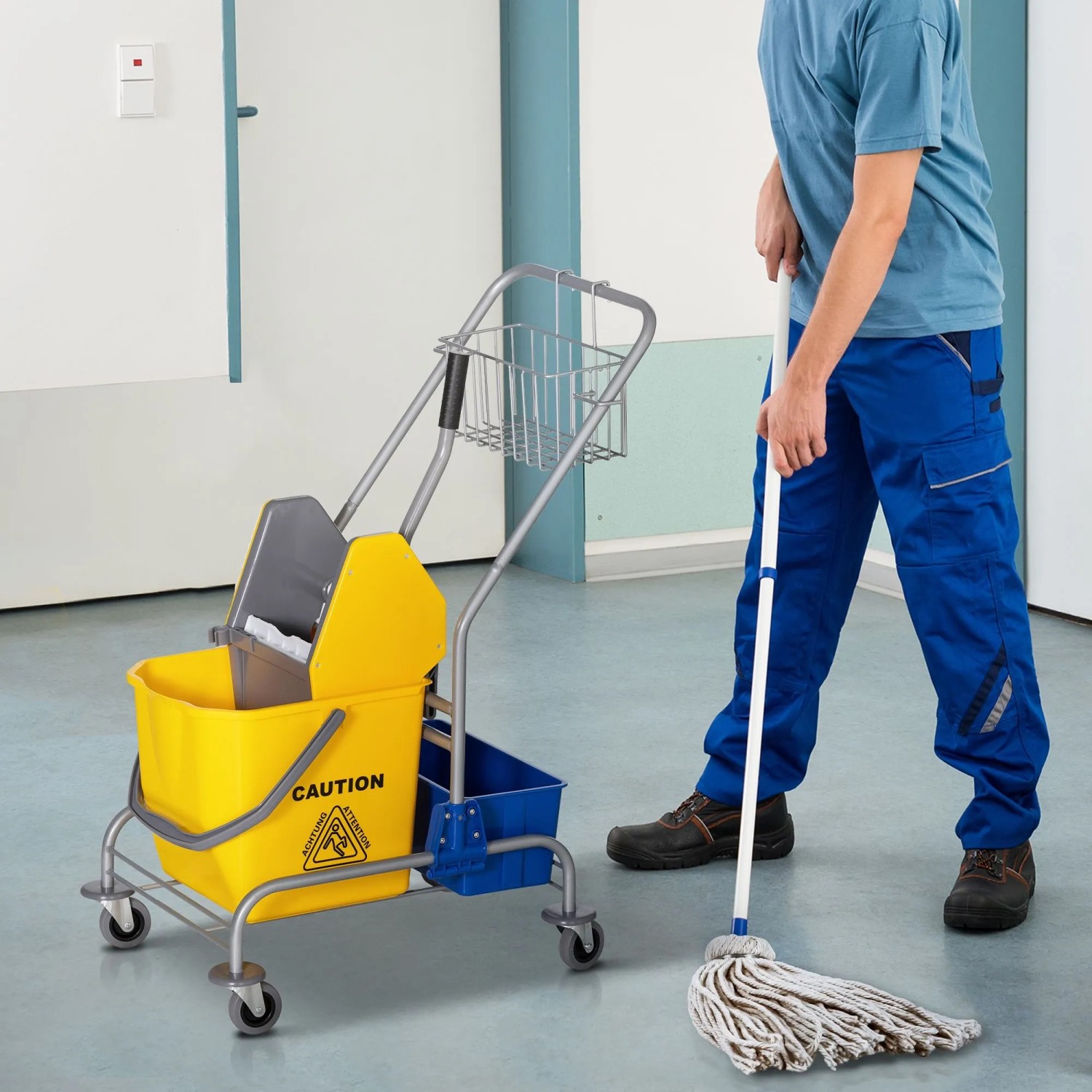 HOMCOM Reinigungswagen gelb/grau mit 25L Eimer, Presse, Korb und Rädern. Ideal für Bodenreinigung im Büro.