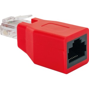 Roter Schwaiger CAT 6 Crossover Adapter mit RJ45 Stecker und Buchse für Netzwerktechnik.
