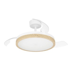 Eglo LED-Deckenventilator Malpica mit Holz-Optik, weiße Flügel eingeklappt.