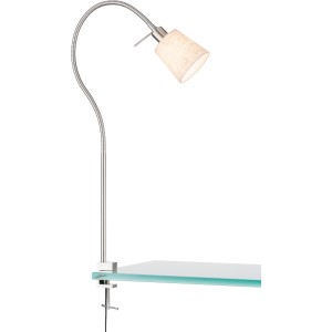 Fischer & Honsel Klemmleuchte Jam, nickelfarben mit sandfarbenem Stoffschirm.