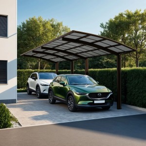 Ximax Carport Portoforte-60 Tandem in Mattbraun mit zwei geparkten Autos unter dem Doppelcarport.