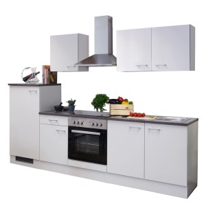 Flex-Well Küchenzeile Lucca, 270 cm, Weiß matt, mit E-Geräten und Spüle.