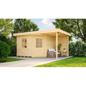 Unbehandeltes Weka Holz-Gartenhaus mit Flachdach und überdachter Fläche, 455x339 cm.