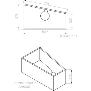 Technische Zeichnung Ottofond Wannenträger Galia I 170 cm rechts für Badewanne, Maße und Details.