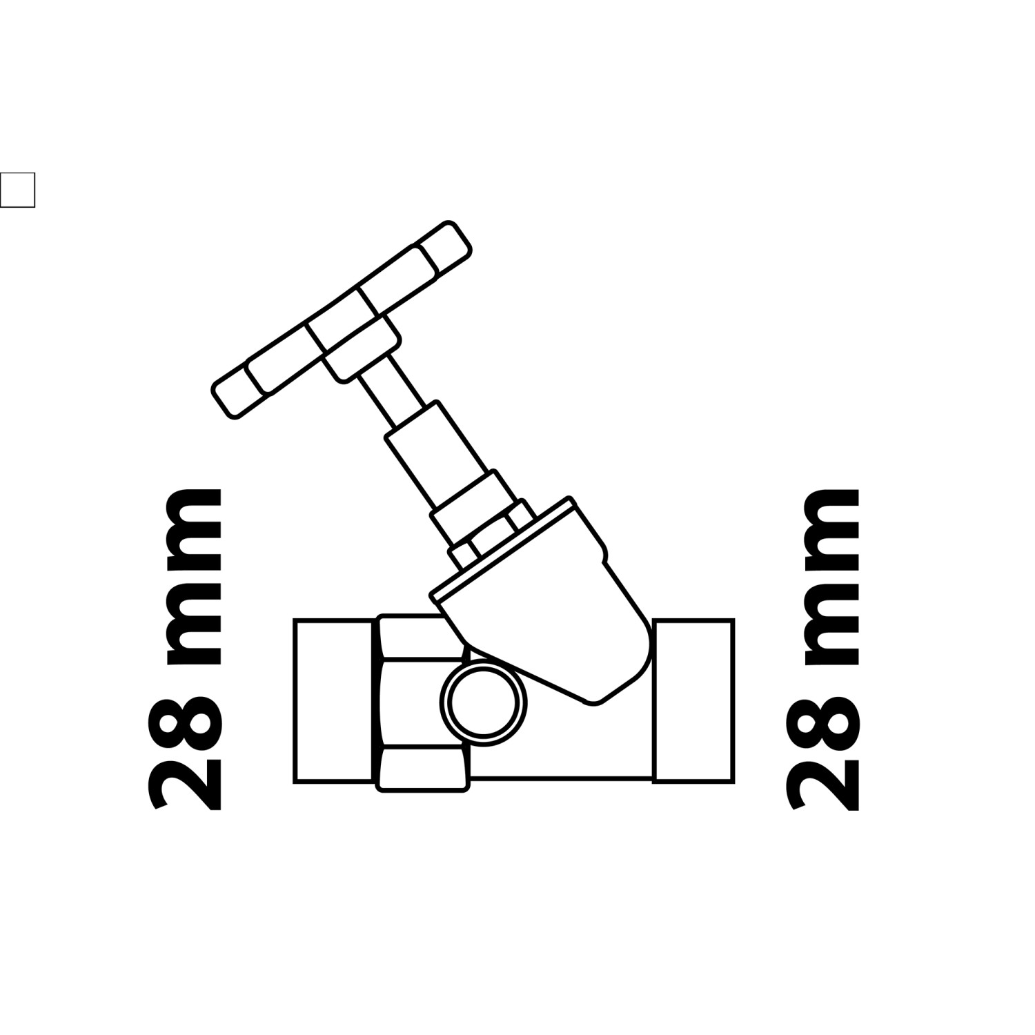 Schrägsitzventil 28 mm aus Messing, glänzend, ohne Entleerung.