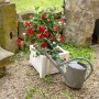 Quadratischer, weißer KHW Pflanzkasten mit roter Pflanze und Gießkanne im Garten.