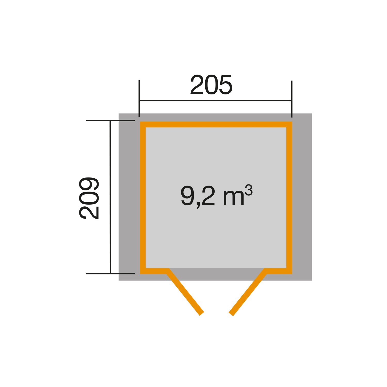 Grundriss weka Gartenhaus 224 Gr.1: 205x209 cm, 9,2 m³ Volumen.